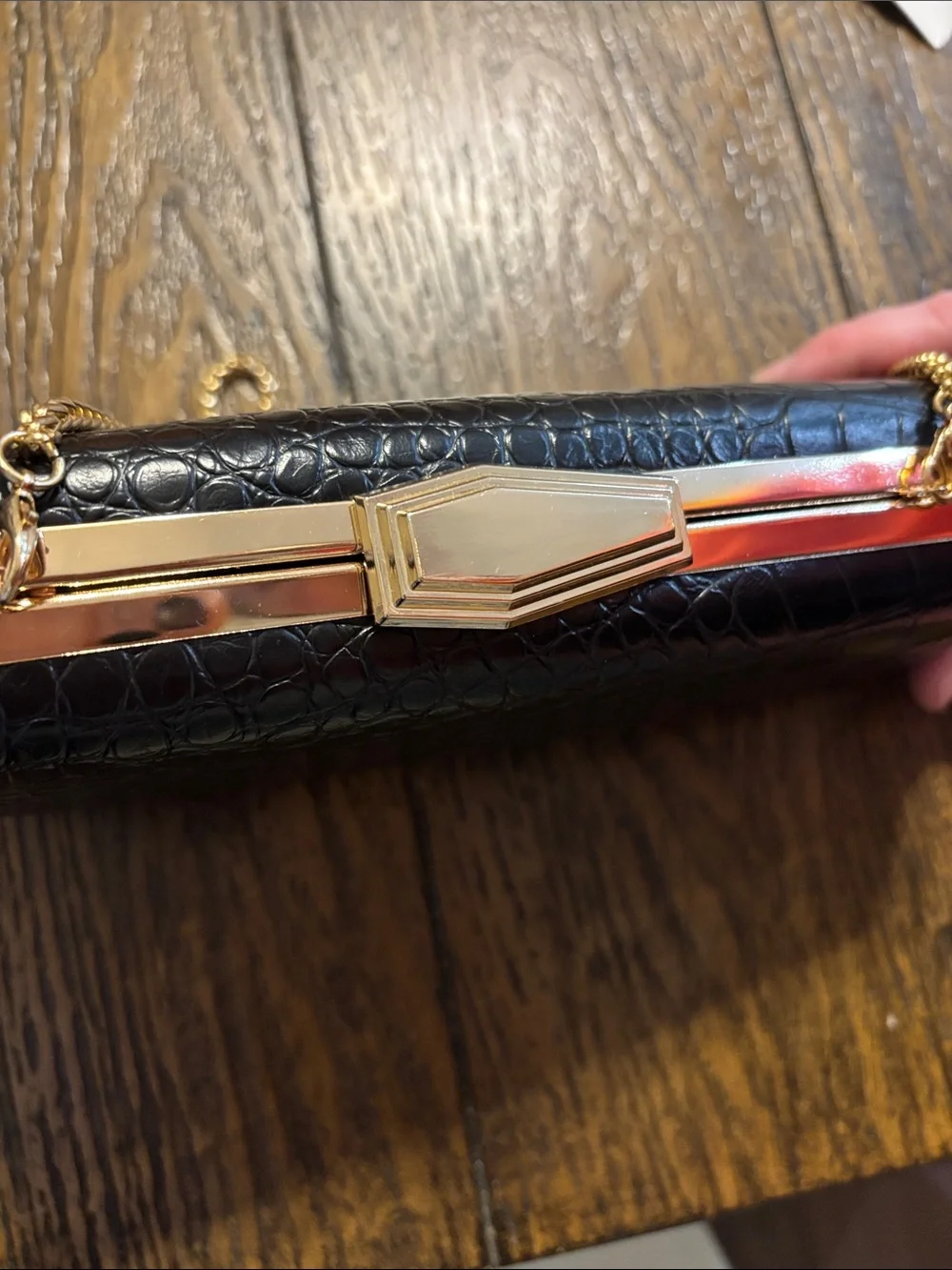 Rachel Zoe Black Croc-Embossed Clutch with Gold Chain Strap